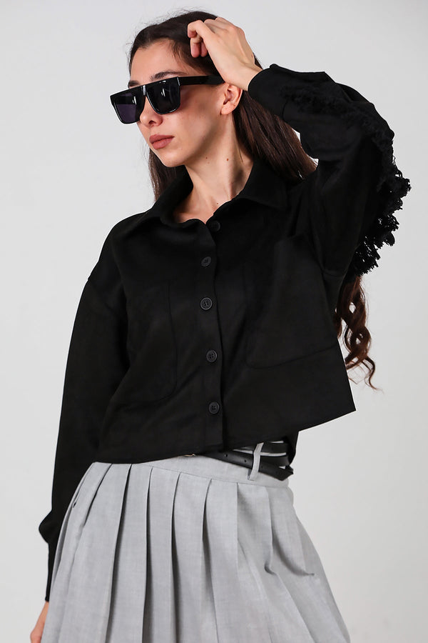 Korte Suède Blouse Met Steendetail Op De Rug En Franjes, Zwart