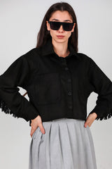 Korte Suède Blouse Met Steendetail Op De Rug En Franjes, Zwart