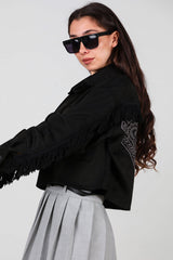 Korte Suède Blouse Met Steendetail Op De Rug En Franjes, Zwart