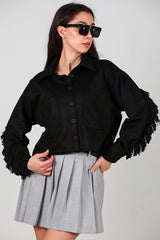 Korte Suède Blouse Met Steendetail Op De Rug En Franjes, Zwart