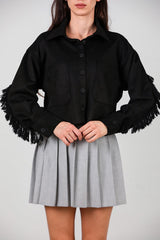 Korte Suède Blouse Met Steendetail Op De Rug En Franjes, Zwart