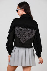 Korte Suède Blouse Met Steendetail Op De Rug En Franjes, Zwart