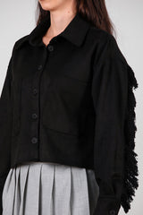 Korte Suède Blouse Met Steendetail Op De Rug En Franjes, Zwart