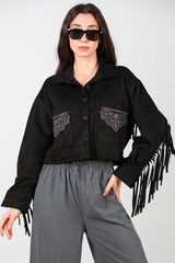 Zwarte Suède Blouse Met Geborduurde Zak En Achterfranjes