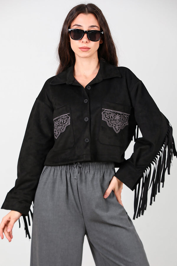 Zwarte Suède Blouse Met Geborduurde Zak En Achterfranjes