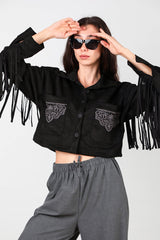 Zwarte Suède Blouse Met Geborduurde Zak En Achterfranjes