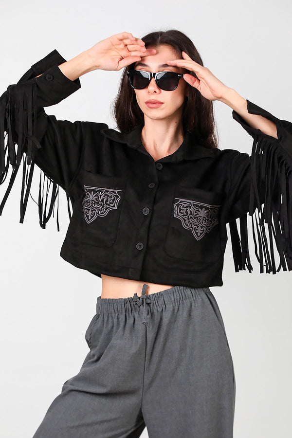 Zwarte Suède Blouse Met Geborduurde Zak En Achterfranjes