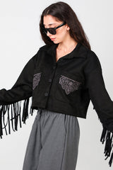 Zwarte Suède Blouse Met Geborduurde Zak En Achterfranjes