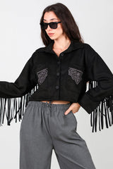 Zwarte Suède Blouse Met Geborduurde Zak En Achterfranjes