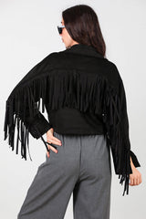 Zwarte Suède Blouse Met Geborduurde Zak En Achterfranjes