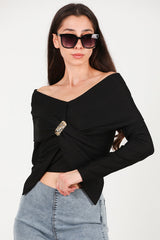 Blouse Met Sjaalkraag En Accessoire - Detail — Zwart