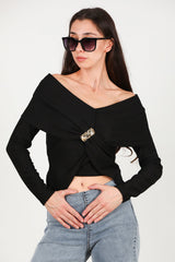 Blouse Met Sjaalkraag En Accessoire - Detail — Zwart
