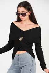 Blouse Met Sjaalkraag En Accessoire - Detail — Zwart