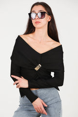 Blouse Met Sjaalkraag En Accessoire - Detail — Zwart
