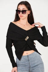 Blouse Met Sjaalkraag En Accessoire - Detail — Zwart