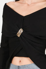 Blouse Met Sjaalkraag En Accessoire - Detail — Zwart