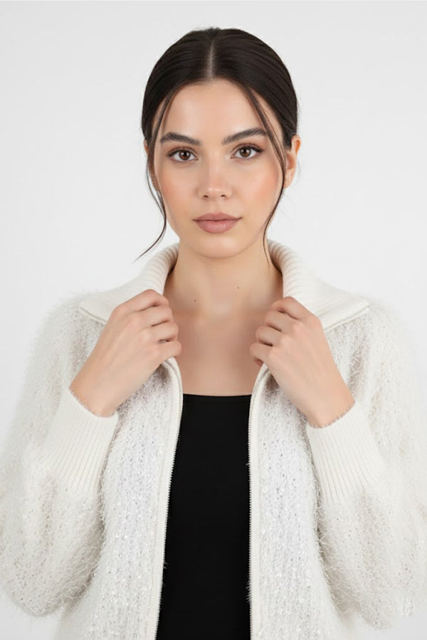 Gebreid Vest Met Franjes En Ritssluiting — Ecru