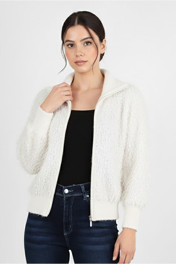 Gebreid Vest Met Franjes En Ritssluiting — Ecru