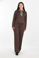 Dames Tweedelig Set Met Sjaaltje, Bruin