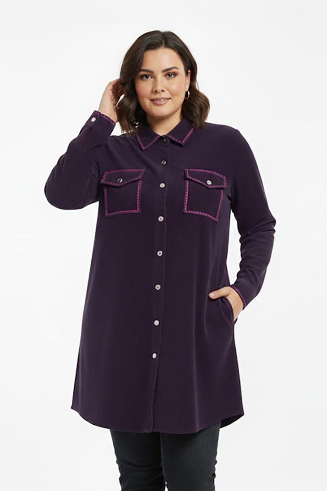 Plus‑Size Suède Tuniek Met Knopen Voor — Paars