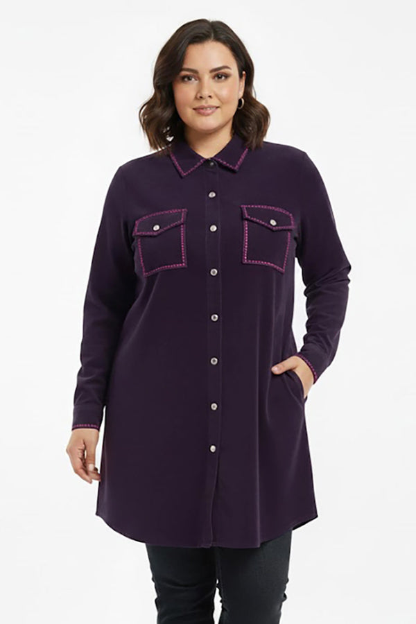Plus‑Size Suède Tuniek Met Knopen Voor — Paars