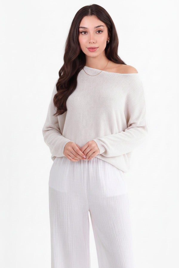 Boat - Neck Fine Knit Top — Stone