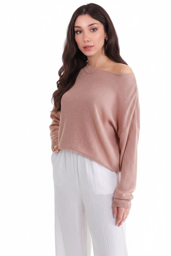 Boat - Neck Fine Knit Top — Pink