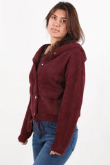 Bordeaux Geruwde Cardigan Met Capuchon En Knoopsluiting