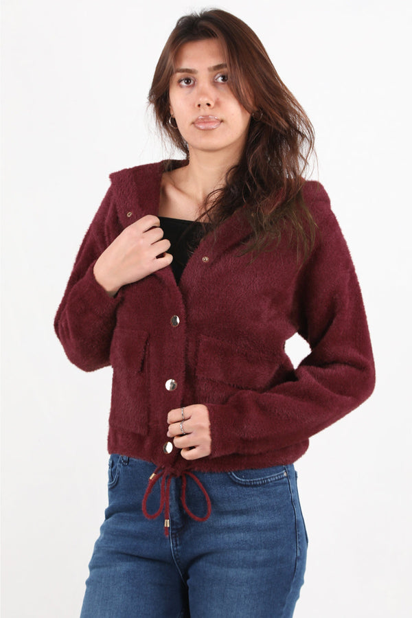 Bordeaux Geruwde Cardigan Met Capuchon En Knoopsluiting