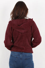 Bordeaux Geruwde Cardigan Met Capuchon En Knoopsluiting