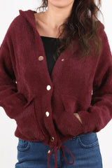 Bordeaux Geruwde Cardigan Met Capuchon En Knoopsluiting