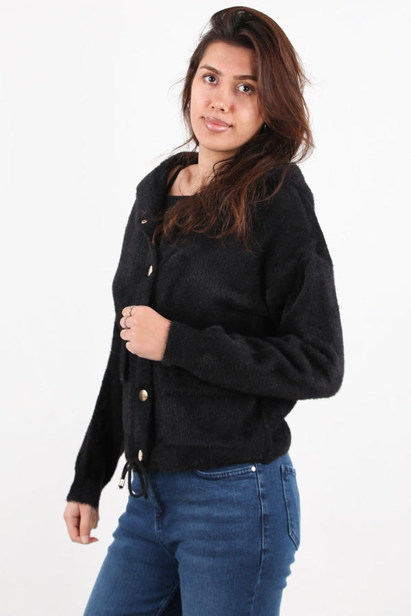 Zwarte Geruwde Cardigan Met Capuchon En Knoopsluiting