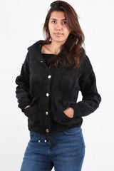 Zwarte Geruwde Cardigan Met Capuchon En Knoopsluiting