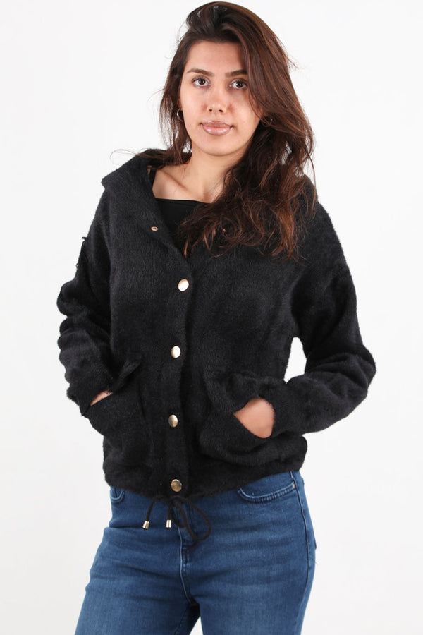 Zwarte Geruwde Cardigan Met Capuchon En Knoopsluiting