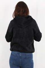Zwarte Geruwde Cardigan Met Capuchon En Knoopsluiting
