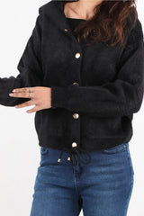 Zwarte Geruwde Cardigan Met Capuchon En Knoopsluiting