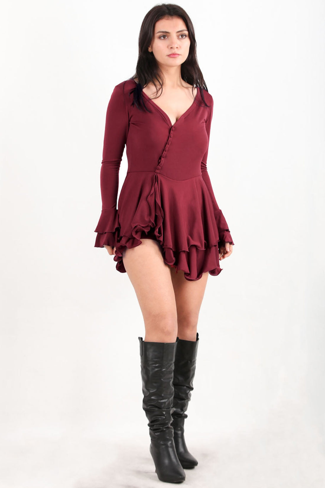 Bordeaux Mini‑Kleid Mit Volantrock