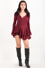 Bordeaux Mini‑Kleid Mit Volantrock