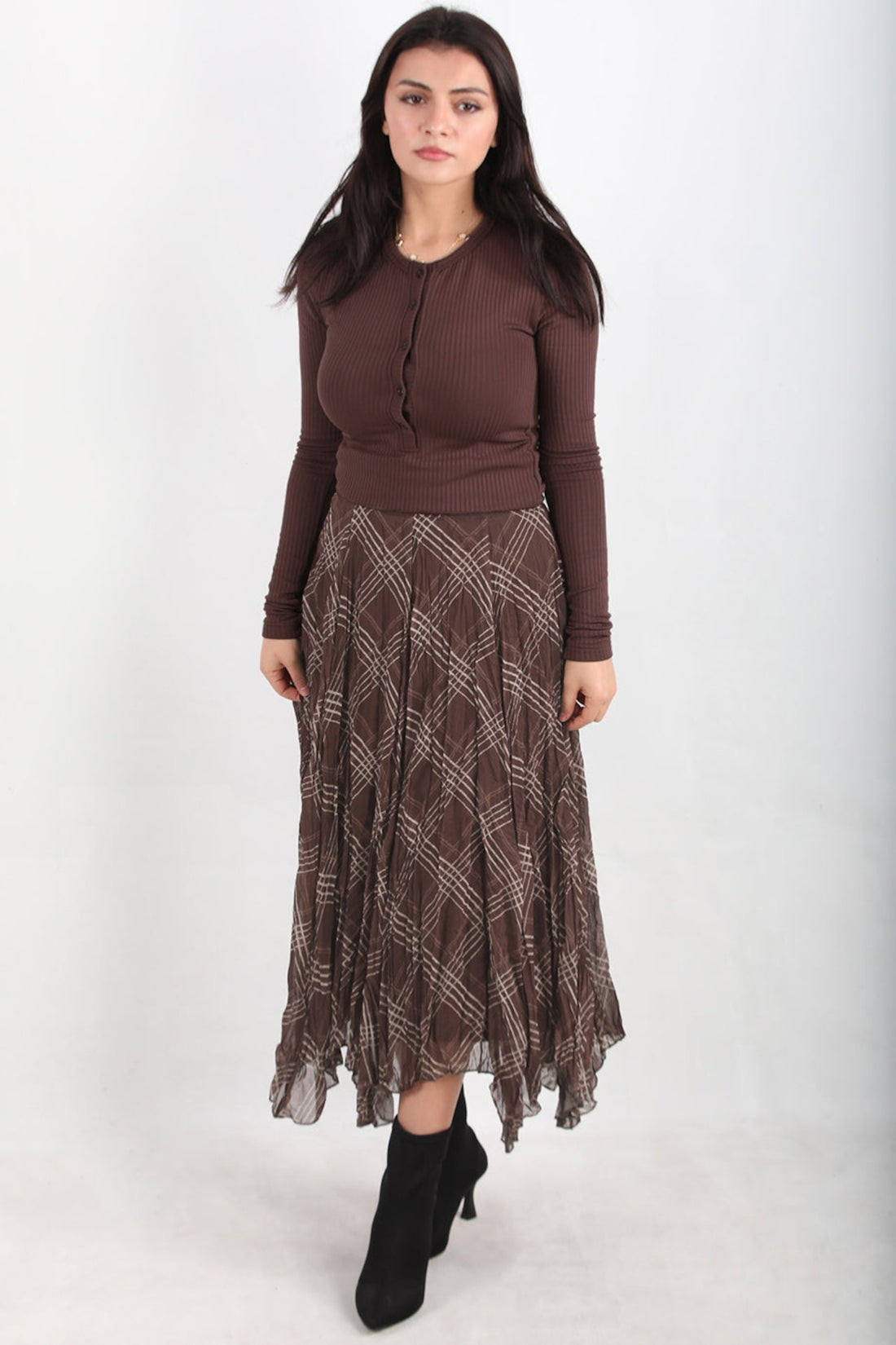 Asymmetrische Geruite Rok – Bruin