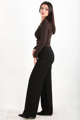 Krepphose Mit Hohem Bund Und Weitem Bein — Schwarz