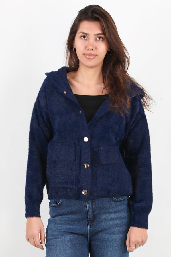 Geruwde Cardigan Met Capuchon En Knoopsluiting, Marineblauw