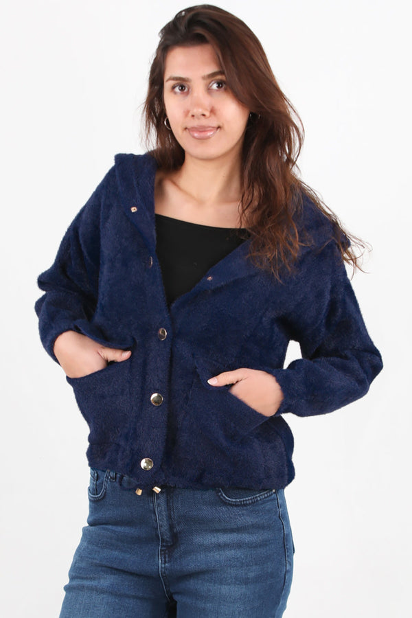 Geruwde Cardigan Met Capuchon En Knoopsluiting, Marineblauw