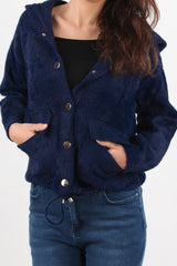 Geruwde Cardigan Met Capuchon En Knoopsluiting, Marineblauw