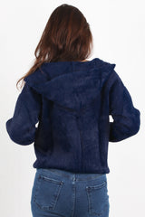 Geruwde Cardigan Met Capuchon En Knoopsluiting, Marineblauw