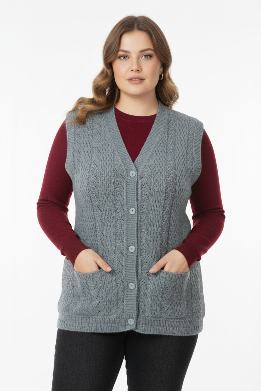 Plus - Size Gebreid Vest — Grijs
