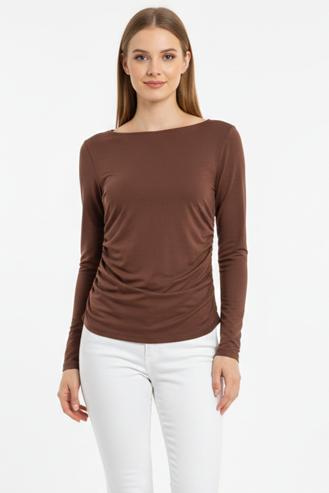 Body Met Geplooide Zijkanten En Boothals – Bruin