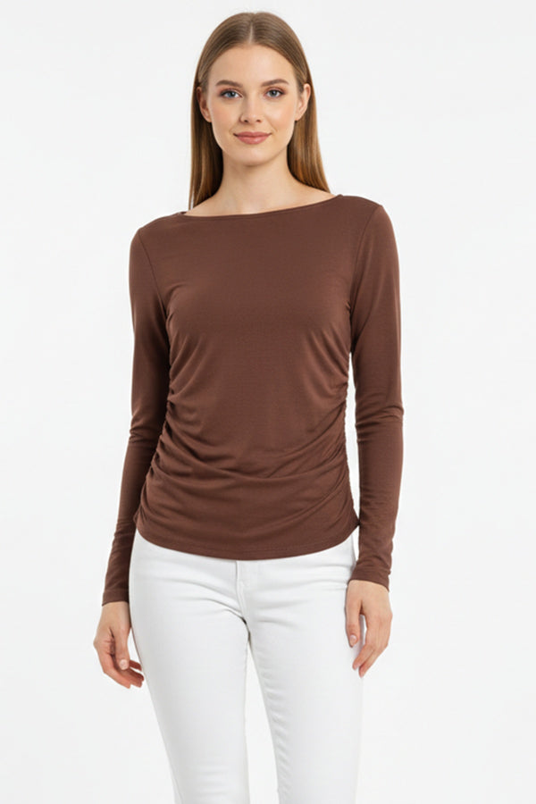 Body Met Geplooide Zijkanten En Boothals – Bruin