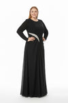 Plus - Size Avondjurk Met Steendetail In De Taille, Lange Mouwen — Zwart