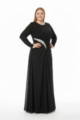 Große Größen Abendkleid, Steinbesetzte Taille, Lange Ärmel — Schwarz