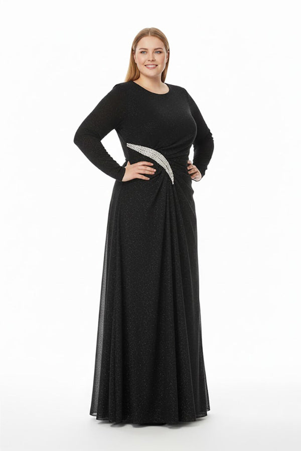 Plus - Size Avondjurk Met Steendetail In De Taille, Lange Mouwen — Zwart